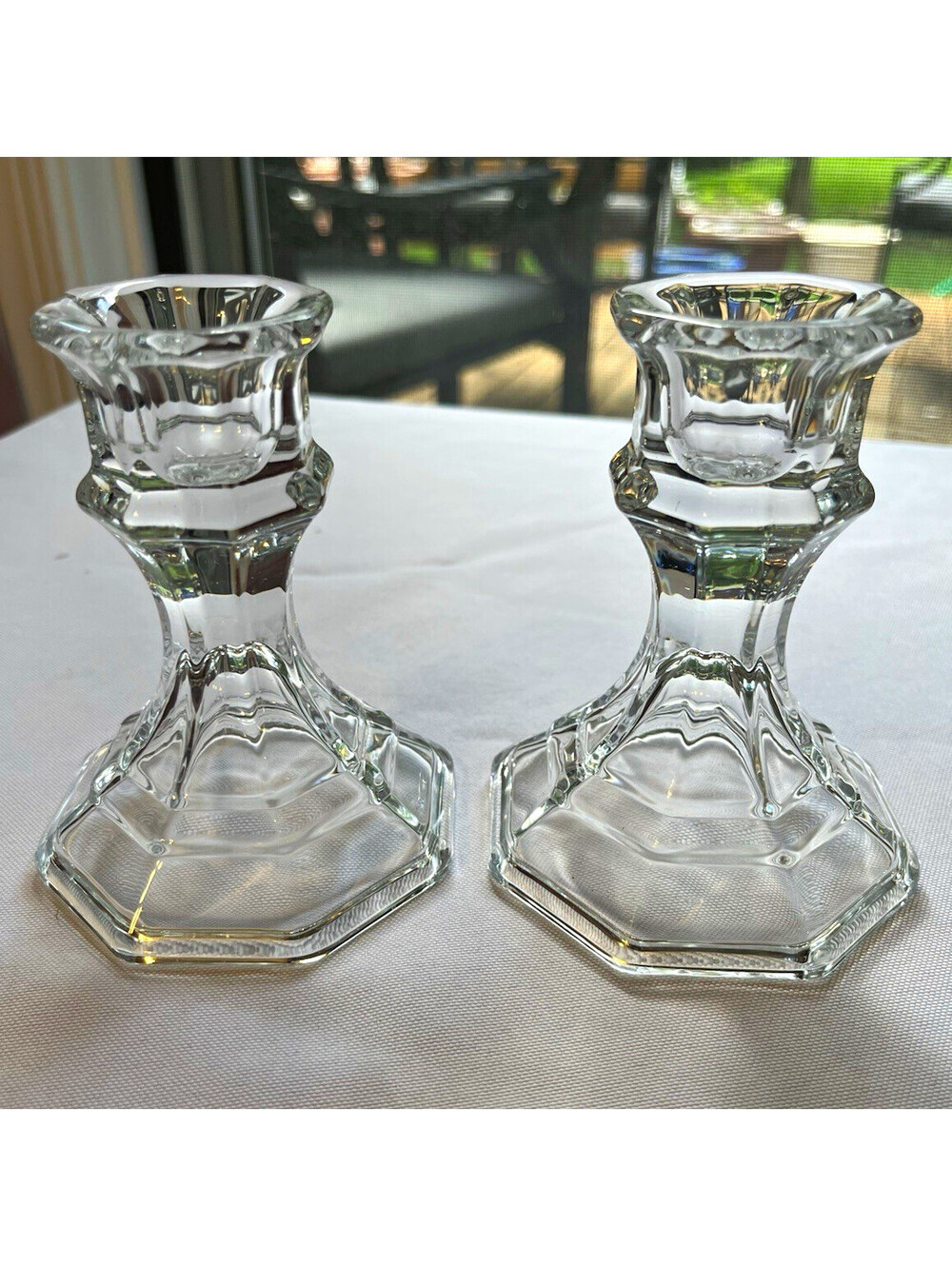 Pair Clear Pressed Glass Faceted Octagon Base Candlesticks for Taper Candles